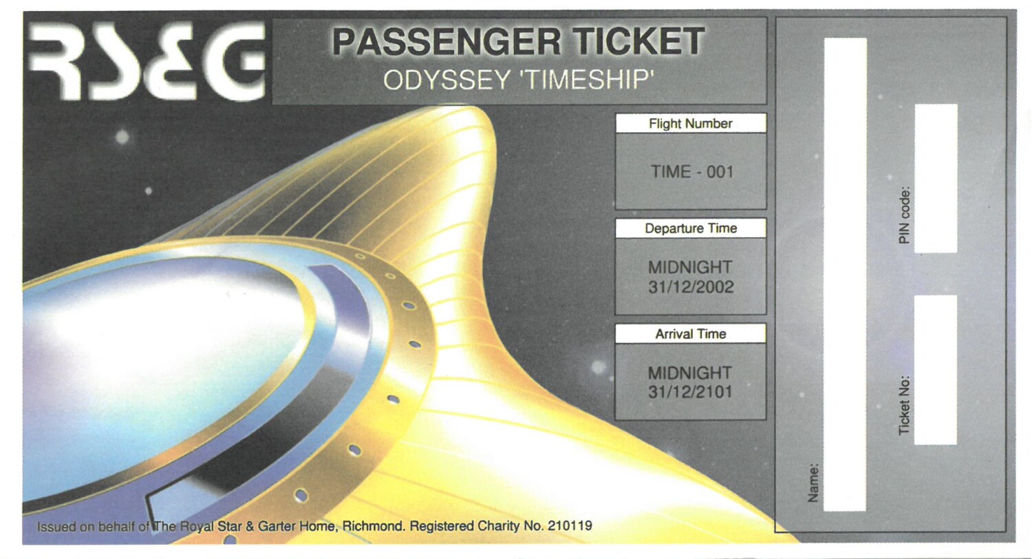 The Odyssey Timeship passenger ticket - a scan of an actual printed ticket. Flight TIME-001, departure midnight 31/12/2002, arrival midnight 31/12/2101